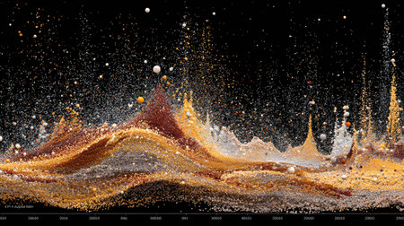 This digital artwork displays a vibrant abstract landscape of particles, showcasing dynamic movement and energy through colorful waves and textures.の素材