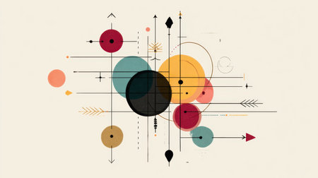This abstract design features colorful circles and arrows on a beige background. It represents modern creativity, combining shapes and elements for visual intrigue.の素材