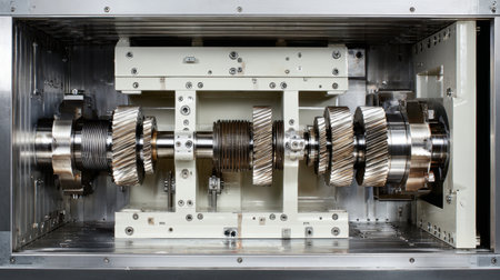 This high-resolution image showcases an intricate industrial gearbox featuring a series of precision gears and mechanical components designed for optimal performance and efficiency.の素材
