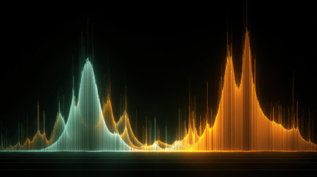 This stunning visual showcases a vibrant audio waveform in neon colors against a dark background, capturing the energy and rhythm of sound. Ideal for multimedia projects.の素材