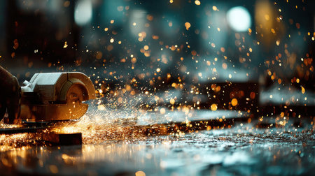 A captivating close-up view of a circular saw in action, producing sparks as it cuts through wood. The bokeh effect creates an engaging atmosphere in a workshop.の素材