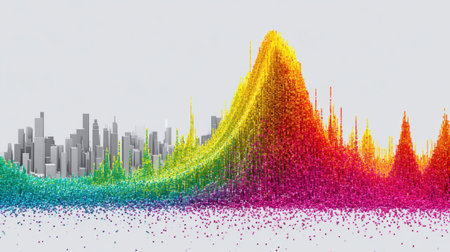This vibrant abstract 3D artwork features dynamic data waves over an urban skyline, blending technology with creativity, perfect for digital projects.の素材