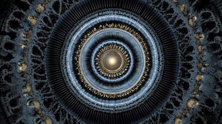 This captivating abstract artwork features intricate geometric designs with radiating circles and detailed patterns in blue and gold tones, perfect for any creative project.の素材