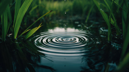 A serene close-up of a water droplet falling into a still pond, surrounded by vibrant green grass, creating ripples that reflect the tranquility of nature.の素材