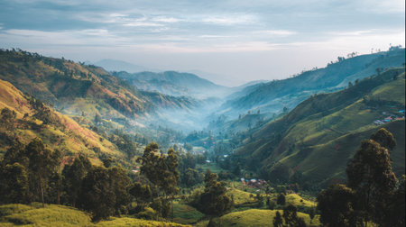 Explore a breathtaking mountain valley scene showcasing mist-covered hills and lush greenery at dawn, evoking tranquility and natural beauty.の素材