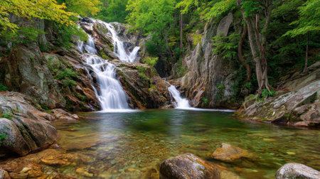 This captivating image showcases a serene waterfall cascading over smooth stones, surrounded by vibrant greenery and reflective water pools, emphasizing nature's tranquility.の素材