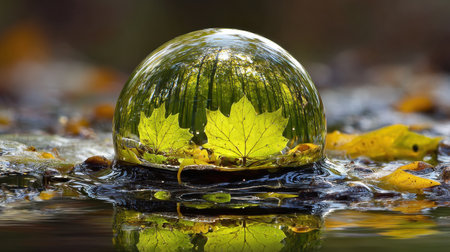 A stunning close-up of a transparent bubble resting on water, showcasing a vivid green leaf surrounded by autumn foliage, capturing nature's beauty.の素材