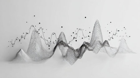 This abstract image features a 3D wireframe design depicting peaks and dots, symbolizing data representation. The monochrome style enhances its modern artistic appeal on a clean white background.の素材