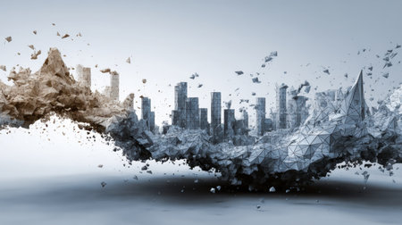 This abstract image showcases a cityscape transformation using geometric shapes and fragmented elements. It represents innovation and change in urban architecture.の素材