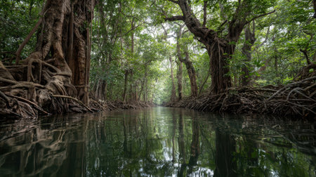 Immerse yourself in a breathtaking mangrove forest, where still waters reflect the vibrant green foliage. This serene landscape offers a tranquil escape into natureの素材