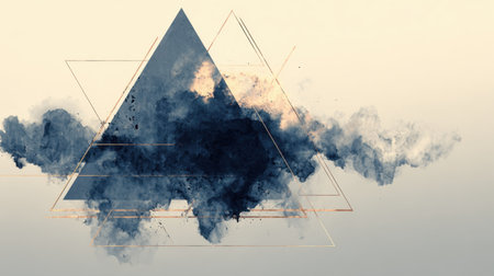 This abstract design features a dark blue smoke cloud intertwined with transparent triangle shapes, creating a captivating and modern visual atmosphere.の素材