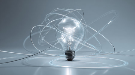 A captivating image of a glowing light bulb encircled by dynamic transparent lines, evoking themes of innovation and creativity in a modern design.の素材