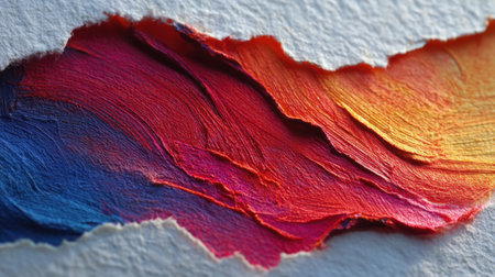 This close-up image features vibrant abstract paint strokes in a stunning blend of colors on a textured white background, perfect for artistic projects.の素材