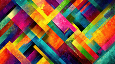 This vibrant abstract geometric pattern features bold colors and dynamic shapes that create an energetic and visually striking composition. Perfect for modern design projects.の素材