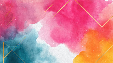 This vibrant watercolor background features a blend of soft pink, blue, and orange hues, embellished with geometric lines, perfect for creative designs.の素材