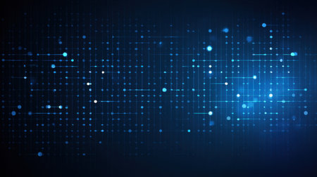This abstract digital background showcases an intricate network of glowing blue dots and lines, perfect for technology and data visualization themes.の素材