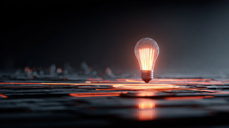 A mesmerizing light bulb hovers above a textured abstract surface, emitting a warm glow and symbolizing creativity and innovation against a dark backdrop.の素材