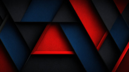 This striking abstract design features a mix of black, red, and blue triangular shapes layered on a textured background, ideal for modern projects.の素材