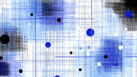 This abstract artwork features a striking combination of blue and black circles and lines on a light background, ideal for various creative projects.の素材