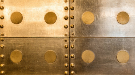 This image features an industrial metal panel characterized by circular brass rivets and a smooth finish, ideal for design and architectural projects.の素材