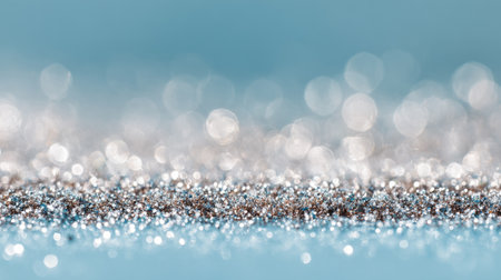 This image features a sparkling silver glitter background enhanced by a soft bokeh effect in gentle blue tones. Perfect for creative projects and design.の素材
