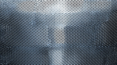 This image features an abstract metallic texture with a perforated pattern that creates a sense of depth and light reflection, perfect for modern design projects.の素材