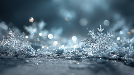 This captivating image captures intricate ice crystals and delicate snowflakes on a frosty surface, enhanced by soft winter light. The shimmering details create a tranquil winter scene perfect for seasonal themes.の素材