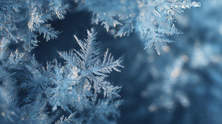 This captivating close-up showcases exquisite snowflakes capturing the essence of winter. The intricate frost patterns create a stunning visual delight against a dark blue background.の素材