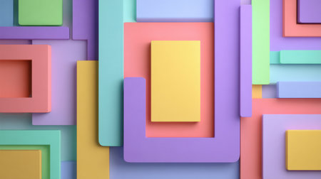 Explore a vibrant composition of colorful geometric shapes in pastel tones, perfect for modern design projects, backgrounds, and artistic inspiration.の素材