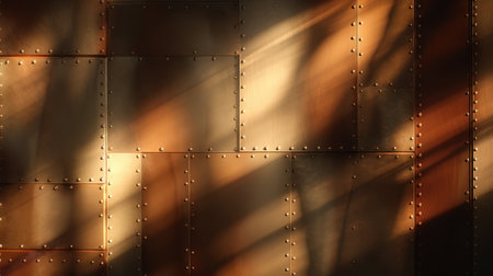 This striking image showcases a textured metal surface illuminated by soft light and shadows, creating a warm and inviting ambiance in an industrial space.の素材