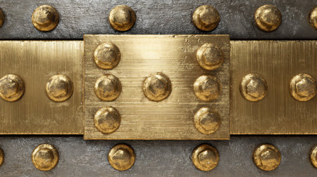 This high-resolution image showcases a detailed metallic background featuring bold gold and silver rivets, ideal for industrial design and art projects.の素材