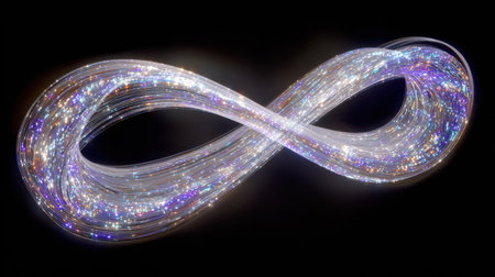 This captivating image features an ethereal infinity symbol, shimmering with radiant light particles and stars, creating a sense of enchantment and elegance.の素材
