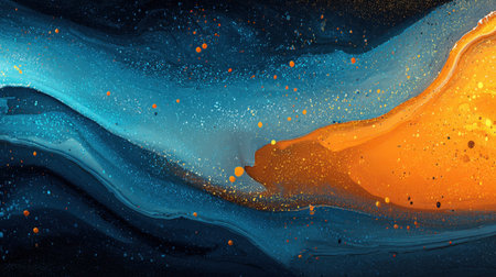 This stunning abstract artwork features vibrant orange and blue swirls adorned with sparkling glitter effects, perfect for modern decor or visual inspiration.の素材