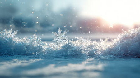 Captivating winter scene featuring intricate snowflakes and frost under soft morning light, creating a serene and magical atmosphere in nature.の素材