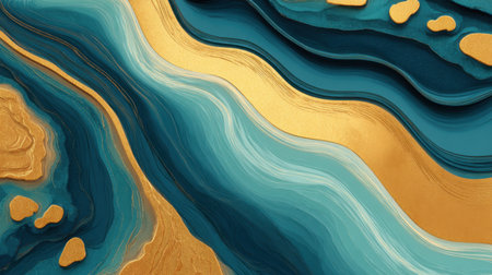This stunning abstract artwork features fluid shapes in teal and gold, creating an elegant and vibrant background perfect for modern design projects.の素材