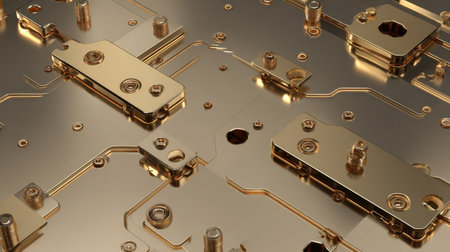 Stunning close-up of a golden circuit board, showcasing intricate designs and reflective surfaces. Perfect for showcasing technological innovation.の素材