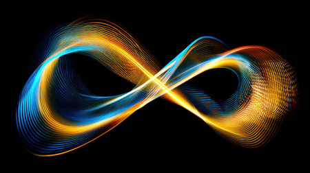 This captivating abstract design showcases an infinity symbol created with vibrant blue and orange waves, set against a deep black background, representing limitless energy and creativity.の素材