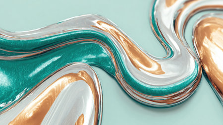 A captivating abstract artwork showcasing a swirl of glossy teal, gold, and silver paint, creating a vibrant and dynamic visual effect suitable for modern design applications.の素材