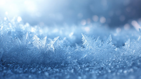 A stunning close-up view of sparkling frost and snowflakes on a serene winter morning, showcasing delicate ice crystals against a soft blue background.の素材