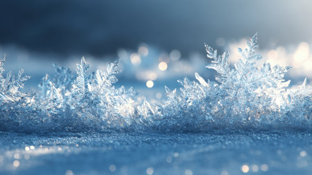 Captivating close-up of intricate ice crystals sparkling in morning light. The soft bokeh background enhances the winter beauty and the delicate frost patterns.の素材