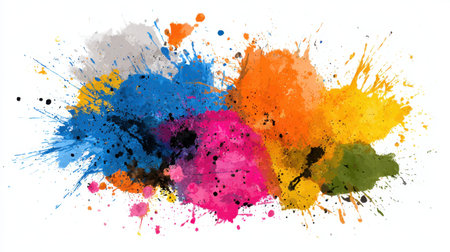 This image features dynamic colorful paint splashes that showcase a vibrant blend of hues. Ideal for creative projects, backgrounds, and artistic designs.の素材