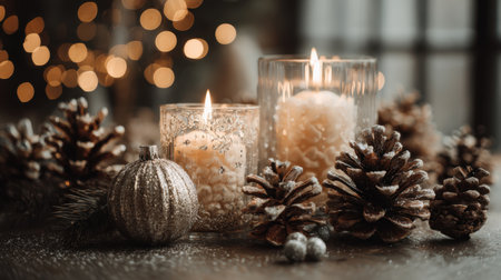 A beautifully arranged scene featuring glowing candles nestled among pine cones, set against a soft bokeh background, perfect for winter celebrations.の素材