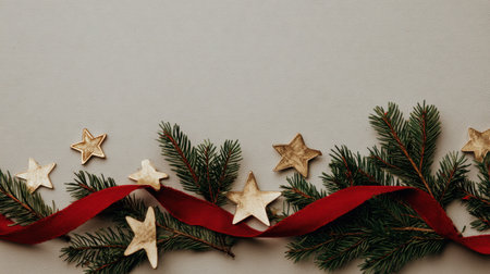 Beautiful Christmas decorations featuring natural pine branches, wooden stars, and a flowing red ribbon on a neutral background, evoking holiday cheer.の素材