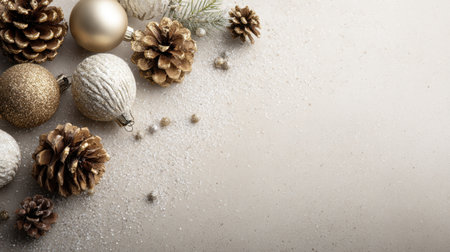 This image features an elegant arrangement of Christmas decorations including pine cones and shiny ornaments. The soft background enhances the festive atmosphere, perfect for holiday-themed designs and marketing materials.の素材