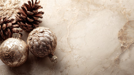 A beautiful arrangement of elegant Christmas ornaments and pine cones on a luxurious marble surface creates a festive holiday atmosphere. Perfect for seasonal decor.の素材