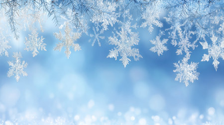 This enchanting winter scene features delicate snowflakes suspended against a soft blue background, creating a serene and festive atmosphere perfect for seasonal themes.の素材