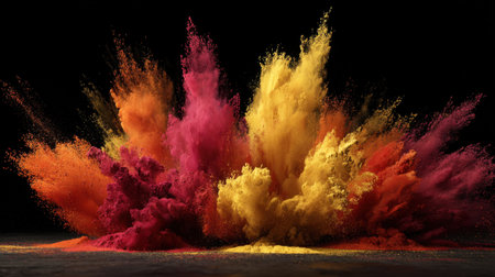 A striking visual of a vibrant explosion of colorful powder showcasing shades of orange, pink, and yellow against a dark backdrop, creating an energetic artistic display.の素材