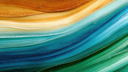 A stunning abstract artwork featuring smooth waves of paint in vibrant shades of brown, blue, green, and gold. Perfect for modern decor.の素材