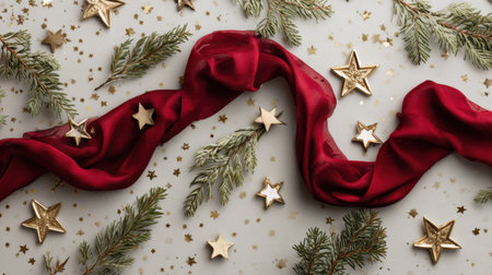 An artistic arrangement featuring a luxurious red ribbon intertwined with green foliage and golden stars, perfect for holiday-themed projects and celebrations.の素材