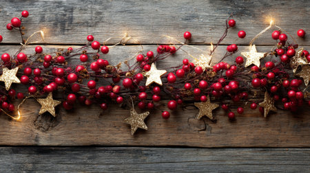 A beautiful arrangement of red berries and golden stars with twinkling lights, set against a rustic wooden background, perfect for festive decorations.の素材